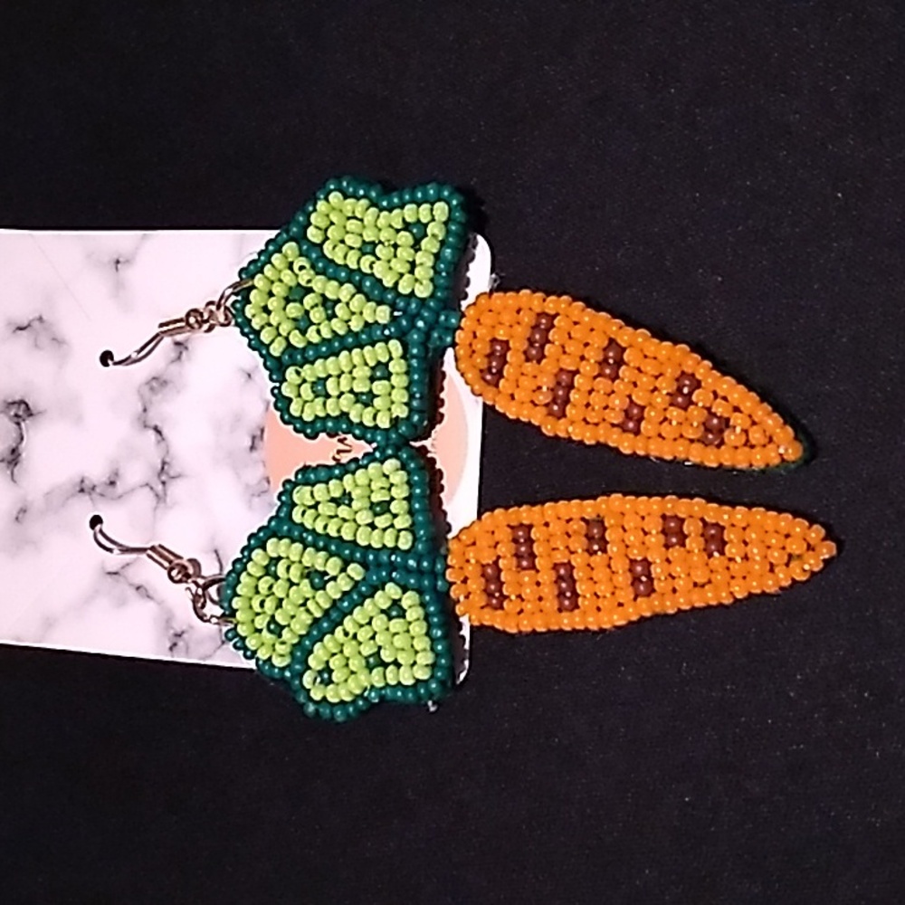 Easter beaded Earrings hypoallergenic carrots green & orange 3 x 1 inch